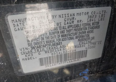 2015 Nissan Sentra Fe+ S/S/Sl/Sr/Sv из США, поврежденный, VIN 3N1AB7AP7FL663681